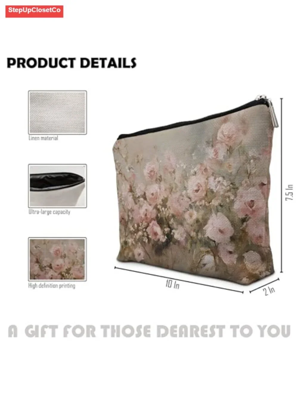 Vintage Floral Makeup Bag Linen Canvas Zipper Pouch